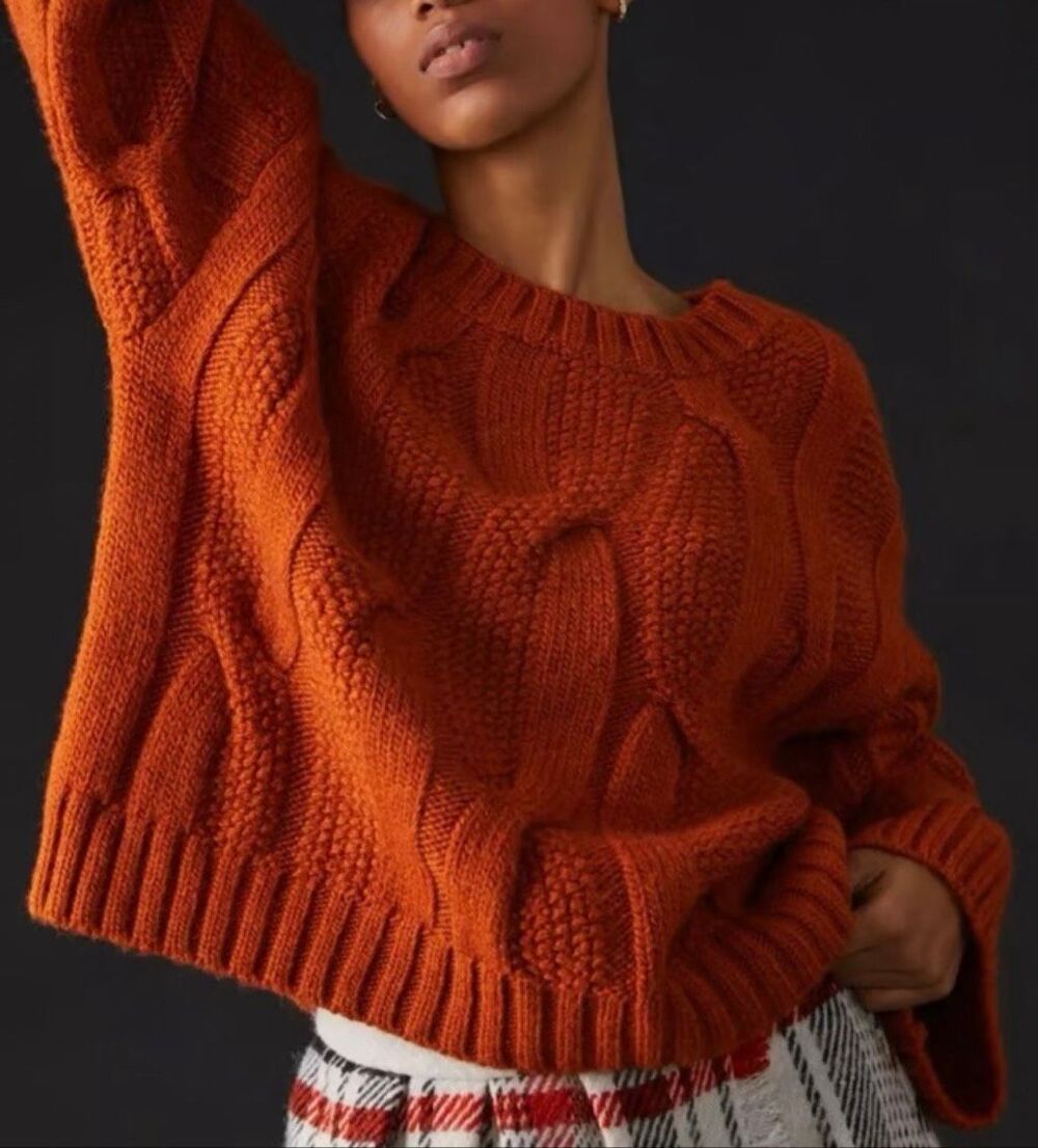 Anthropologie Maeve Flawed Burnt Orange Chunky Cable Knit Sweater Size XS